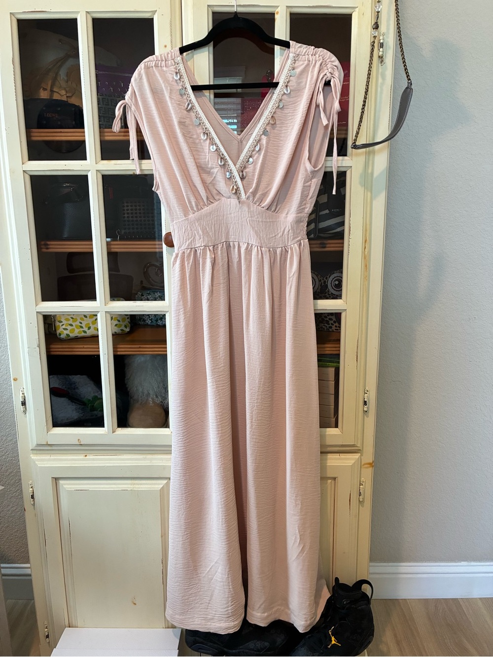 Blush Pink V-Neck Maxi Dress with Shell and Bead Trim